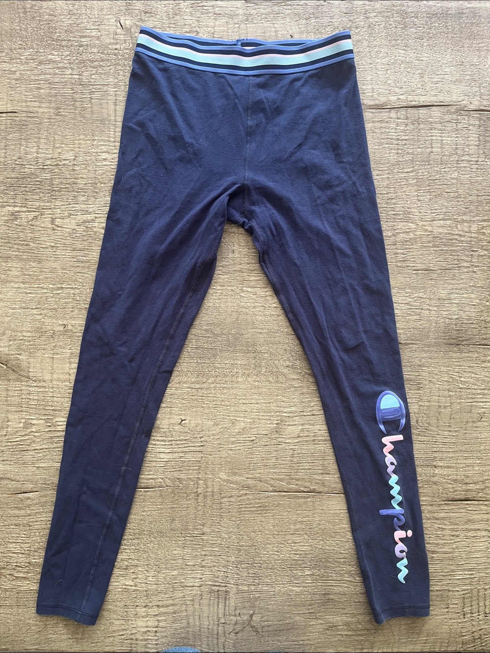 Champion Navy Leggings with Multicolor Logo and Striped Waistband